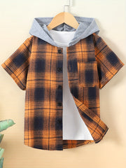 Toddler Boys Plaid Hoodie Shirt Short Sleeve Button Down Shirt