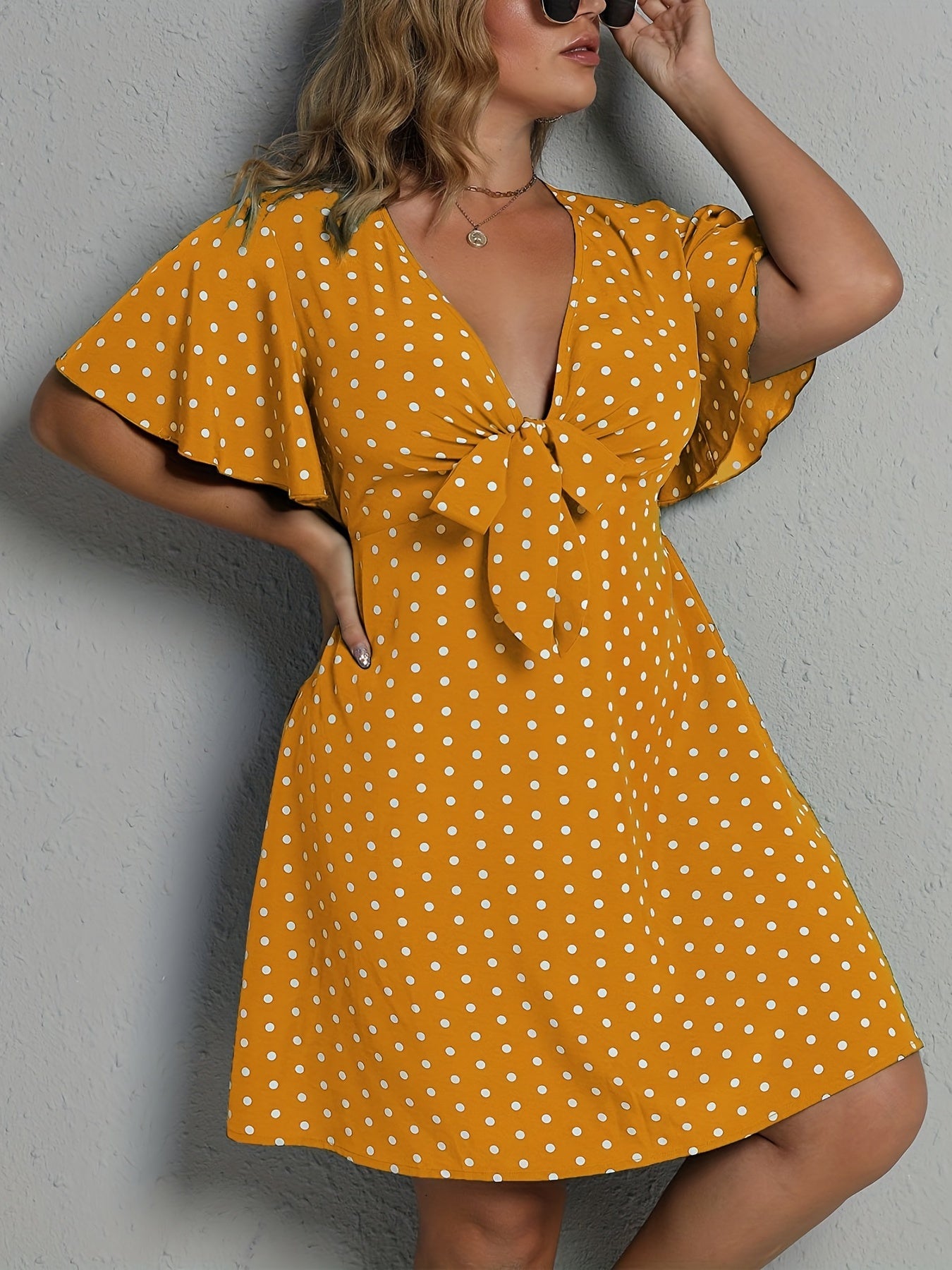  Polka Dot Flutter Sleeve Bow Knot Dress