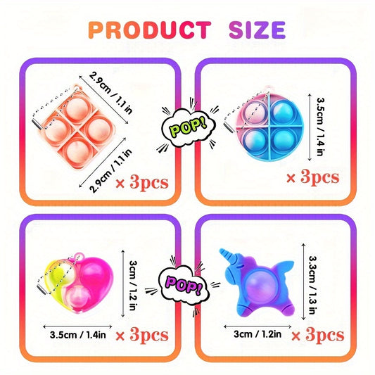 12 Mini Pop Fidget Keychains Assorted Colors Silicone Toys Party Favors