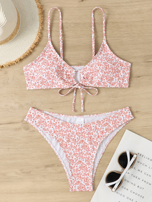 Floral Drawstring Bikini Set High Cut Two Piece Swimsuit