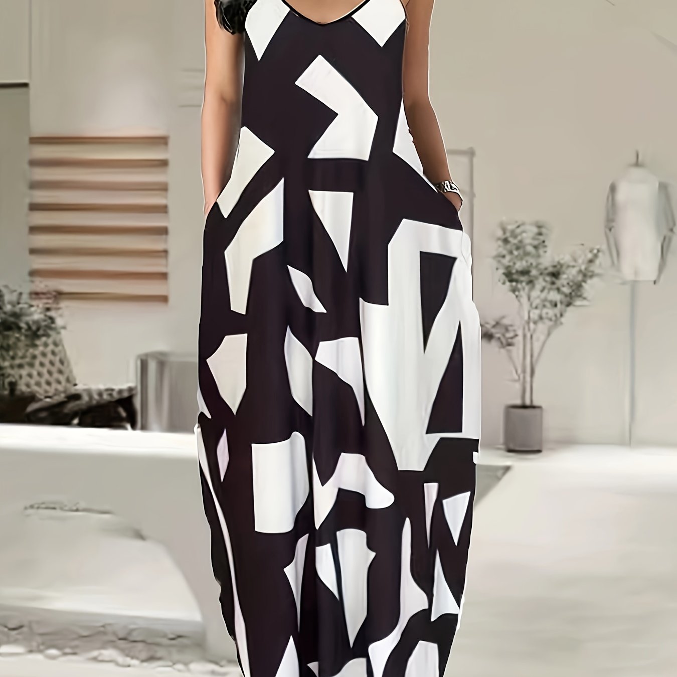  Colorblock Geo Print Maxi Cami Dress