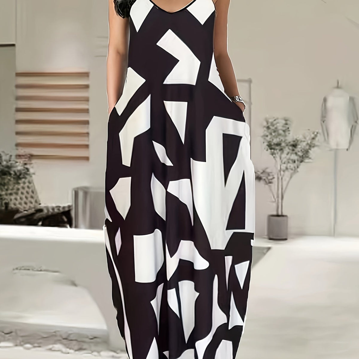  Colorblock Geo Print Maxi Cami Dress