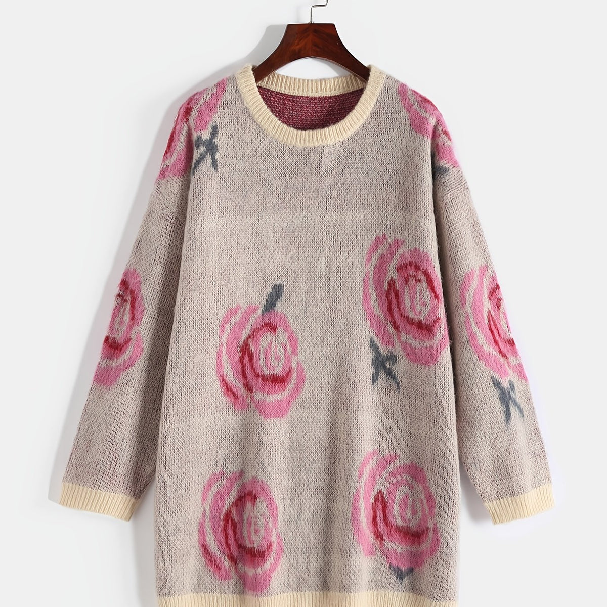 Floral Print Round Neck Knit Sweater Plus Size