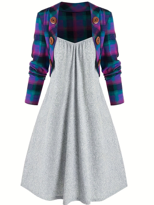  Plaid Crop Cardigan & Cami Dress Set