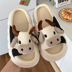 Cartoon Cow Indoor Slippers Open Toe Linen Platform Shoes