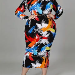  Graffiti Print Bodycon Dress with Half Zipper
