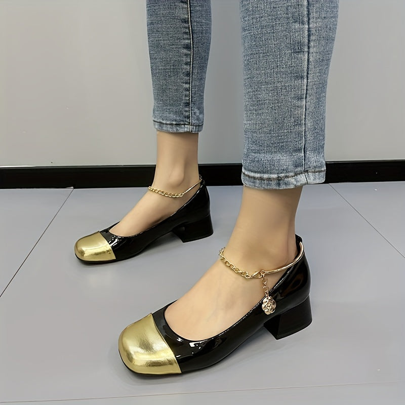 Women's Colorblock Chunky Low Heels Square Toe Chain Ankle Strap Shoes