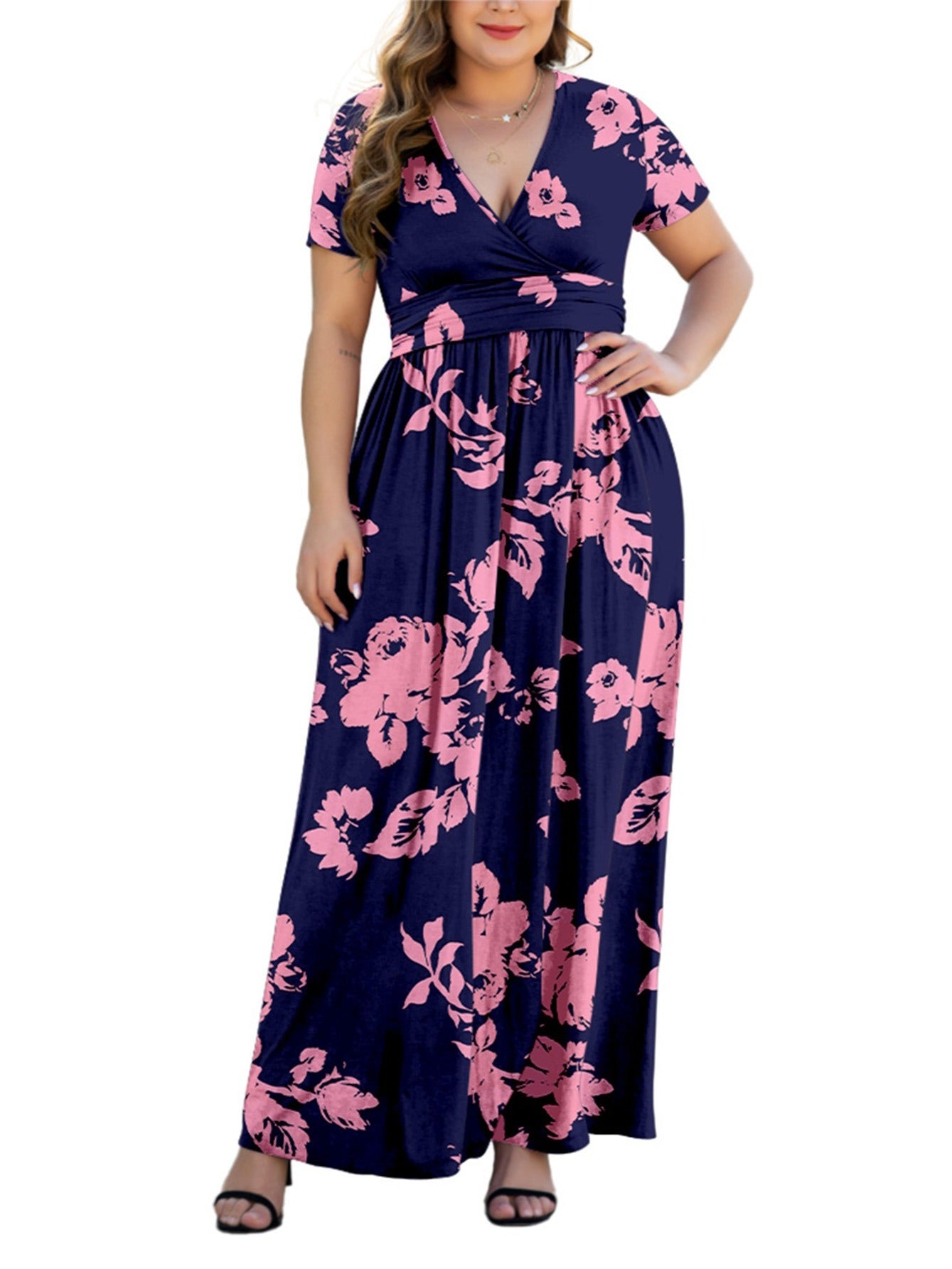  Short Sleeve V-neck Maxi Dress for Women