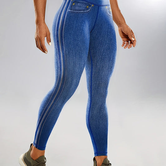 Faux Denim Print Yoga Leggings High Waist Butt Lifting Tummy Control
