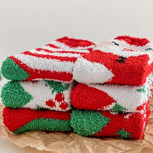 6 Pairs Christmas Socks Thickened Fuzzy Winter Warm Cartoon Socks