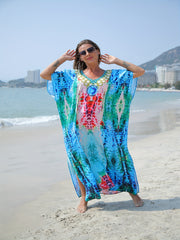  Boho Cover Up Women's Plus Tribal Print Batwing Sleeve V Neck Split