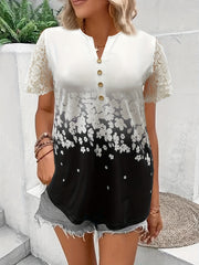  Colorblock Floral Print Lace Sleeve Blouse