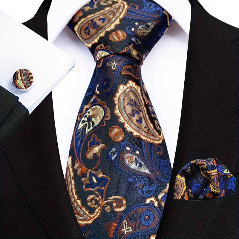 Men's Paisley Tie Jacquard Necktie Handkerchief Clip Set Gift