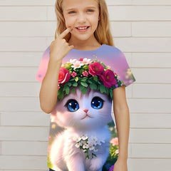 Funny Flower Cat Graphic Short Sleeve T shirt For Girls