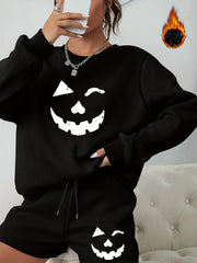 Plus Size Women's Ghost Face Print Sweatshirt & Shorts Outfit Set