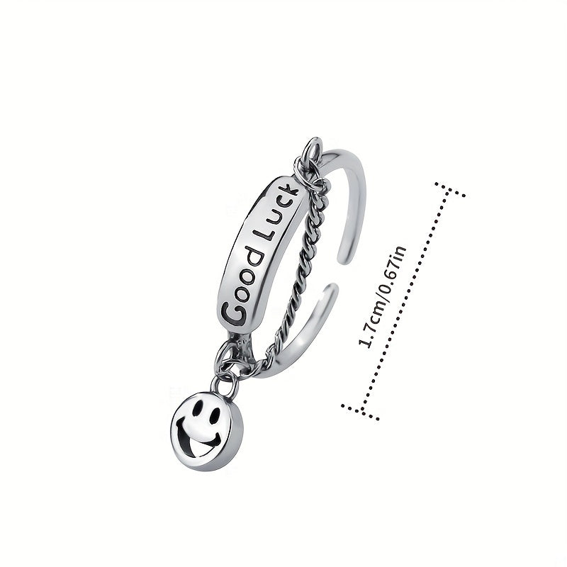 Happy Face & Chain Decor Good Luck Detail Silver Ring