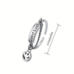 Happy Face & Chain Decor Good Luck Detail Silver Ring