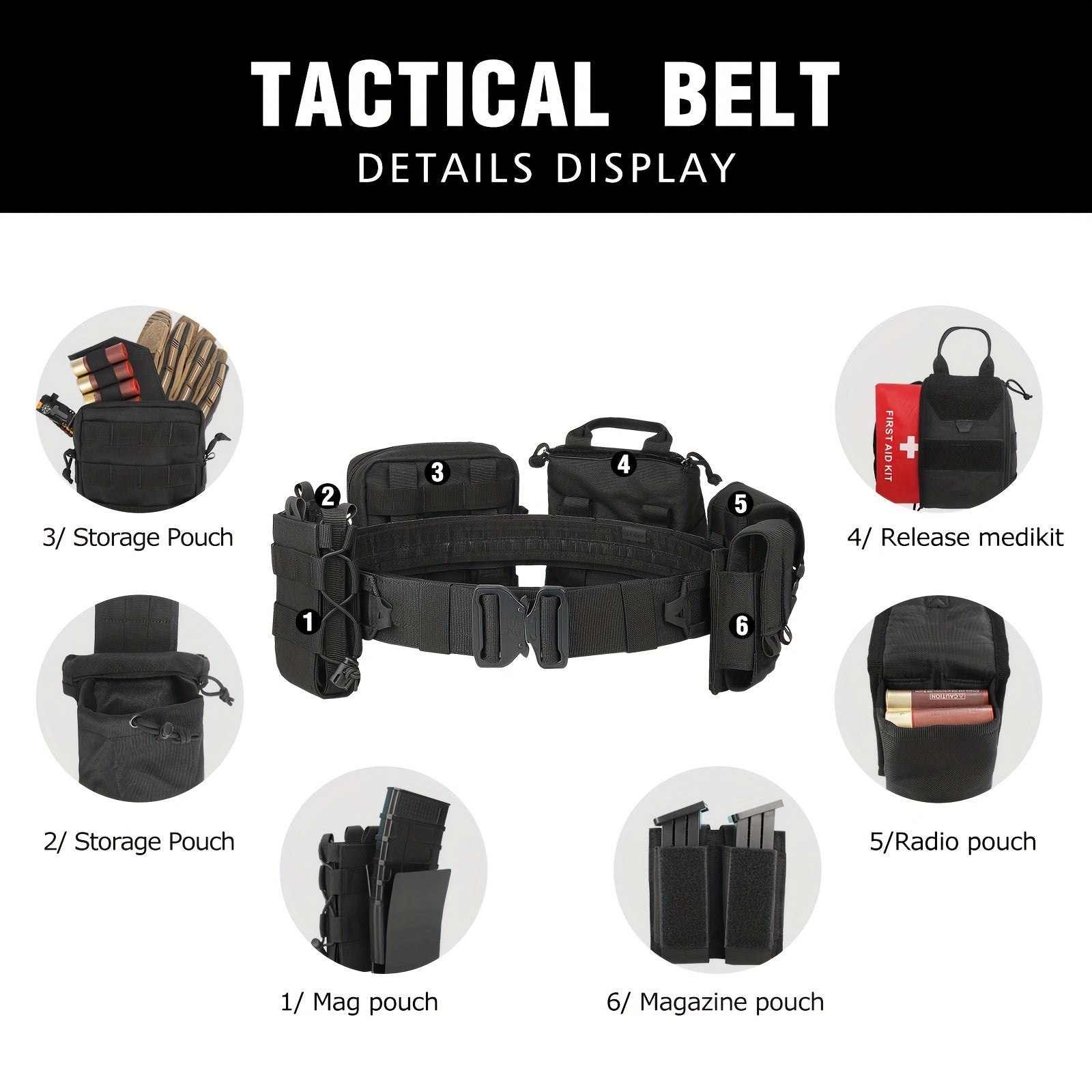 8pcs Molle Battle Belt Utility Belt w/ Pouches, Quick Release Trigger