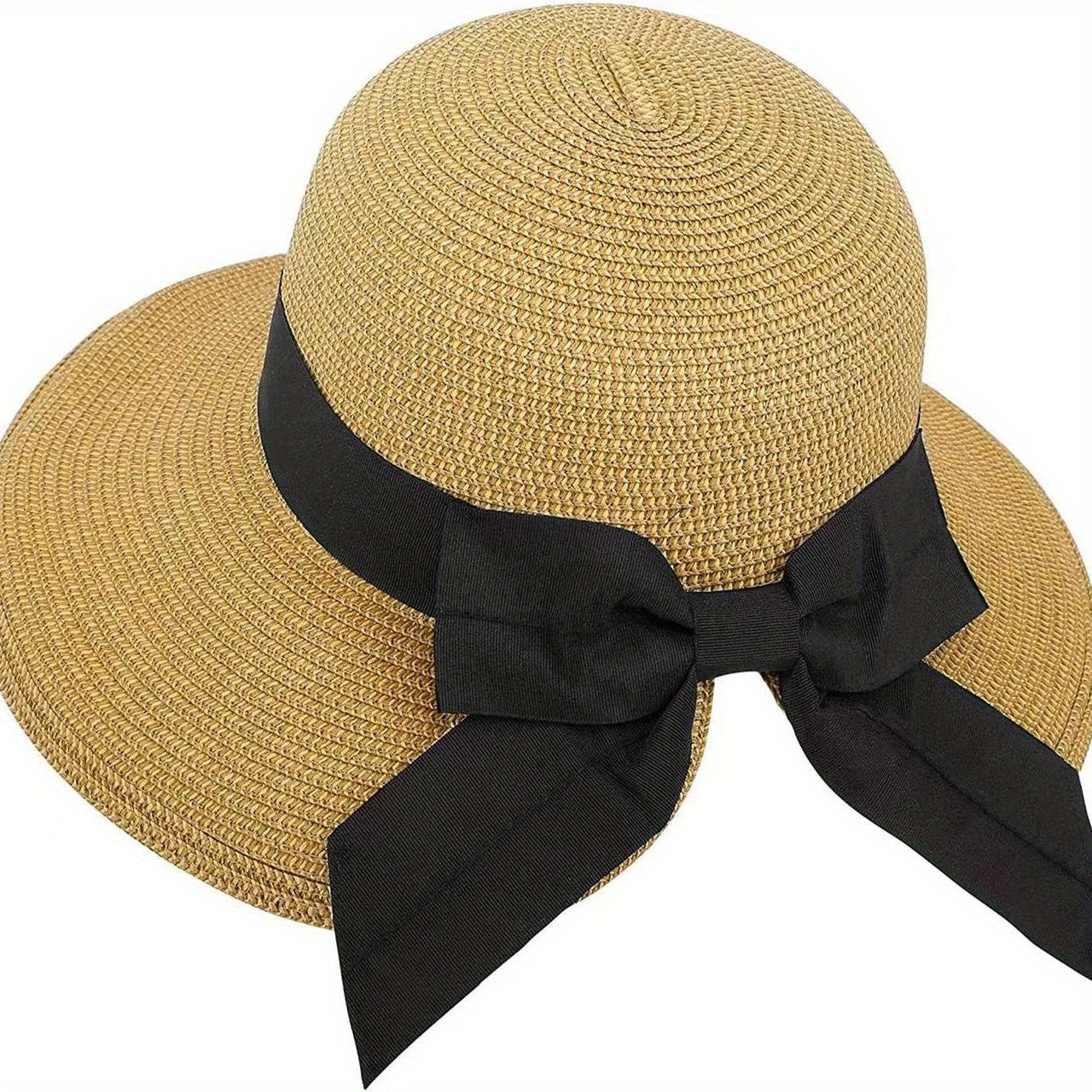 Bowknot Ponytail Sun Hat Wide Brim UV Protection Straw Hat Lightweight Foldable