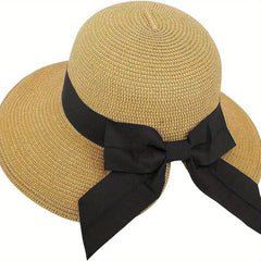 Bowknot Ponytail Sun Hat Wide Brim UV Protection Straw Hat Lightweight Foldable