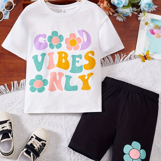 Girls Flower & Letter GOOD VIBES T-Shirt & Shorts Set
