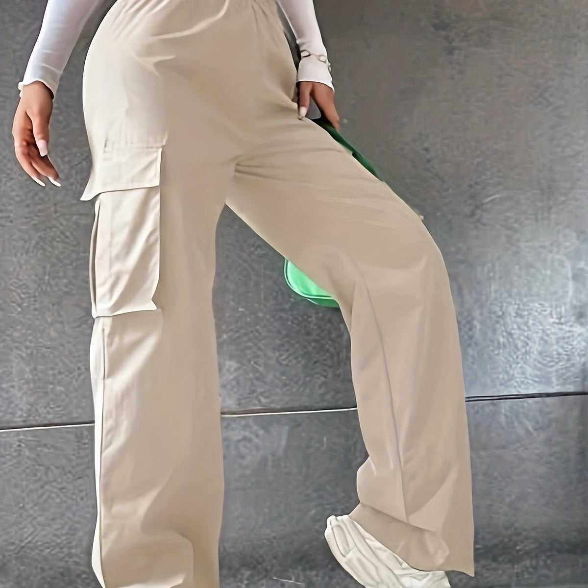  Casual High Rise Straight Leg Trousers With Pockets