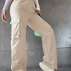  Casual High Rise Straight Leg Trousers With Pockets