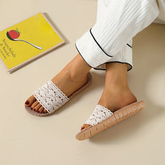 Women's Breathable Mesh Linen Slippers Open Toe Hollow Out Solid Slip On Slides