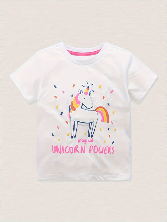 100% Cotton Girls Unicorn Graphic Short Sleeve T-shirt - Summer Gift