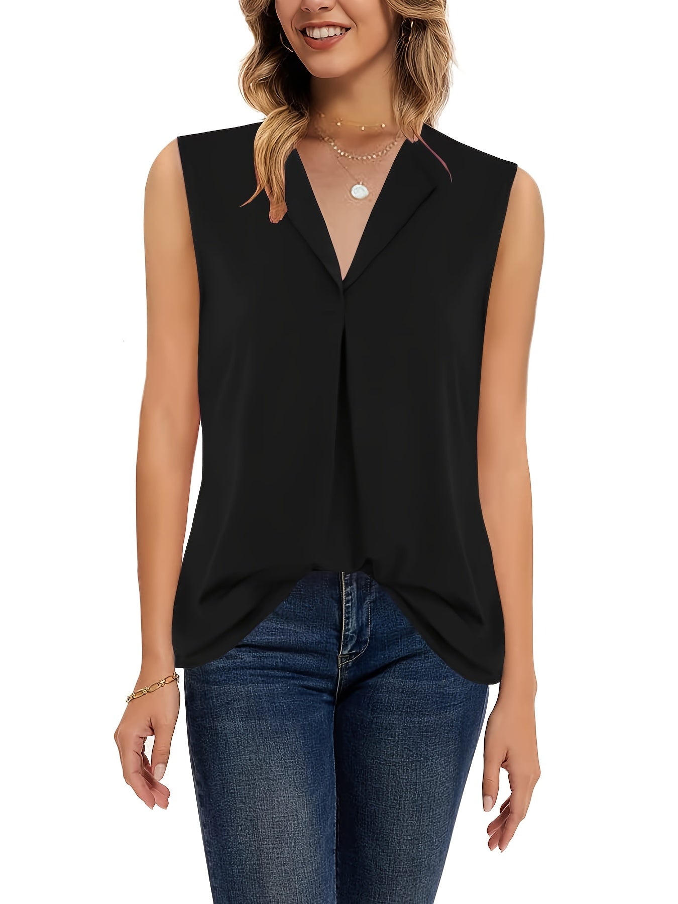 Solid V Neck Sleeveless Tank Top Loose Office Work