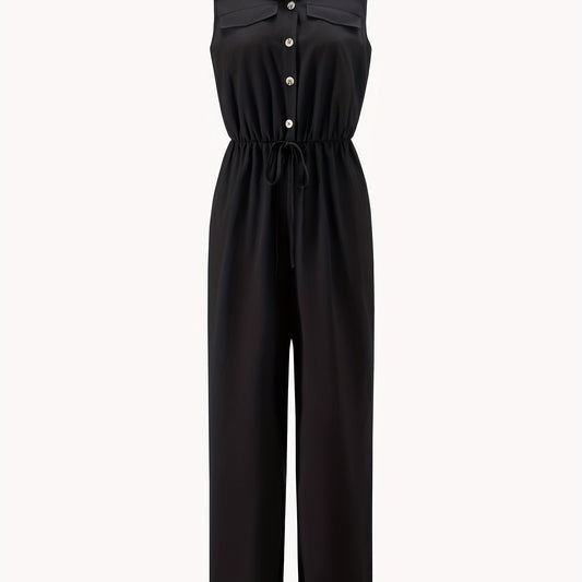 Casual Button Front Jumpsuit Drawstring Waist
