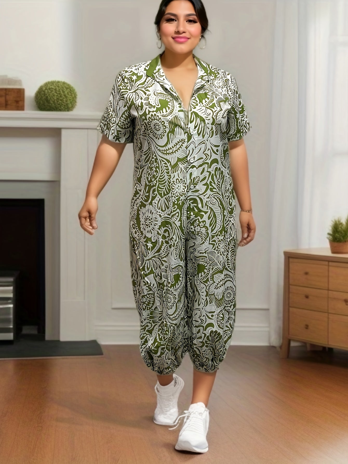  Floral Print Button Up Short Sleeve Jumpsuit