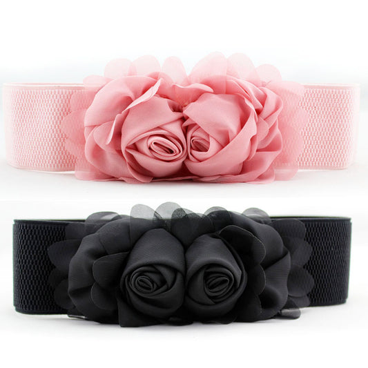 Elastic Wide Belt Lace Flower Buckle Solid Waistband