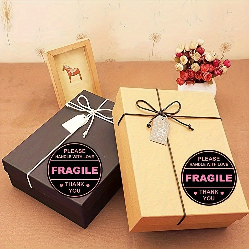 2" Pink Fragile Handle Heart Label Stickers 60pcs Adhesive