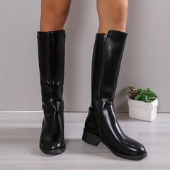 Women's Knee High Side Zipper Chunky Heeled Boots