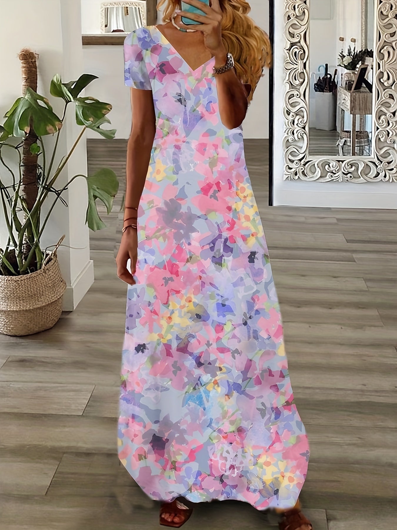  Floral Print V Neck Maxi Dress