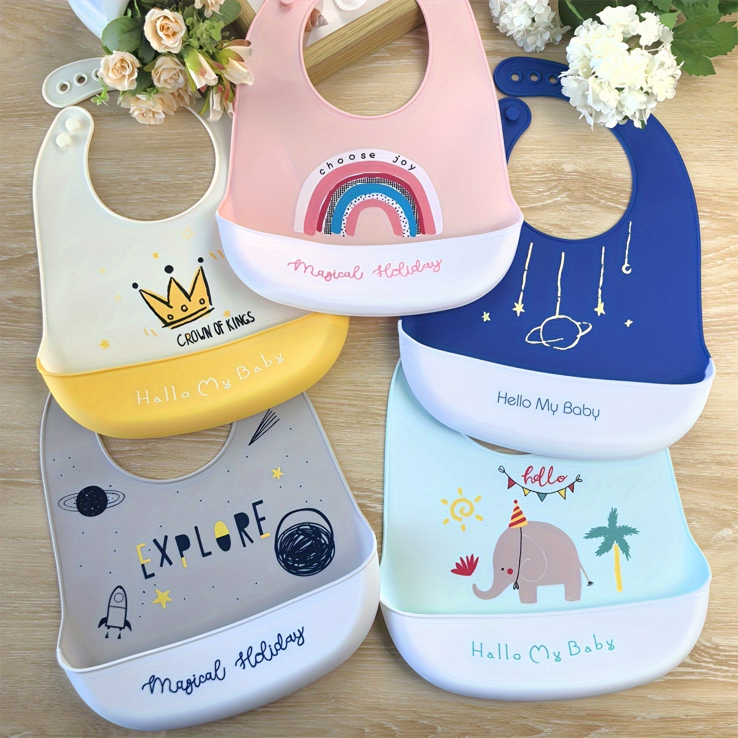 Goldcolin 1pc Silicone Kids Bib Pink Waterproof w/ Rainbow Crown & Space Themes