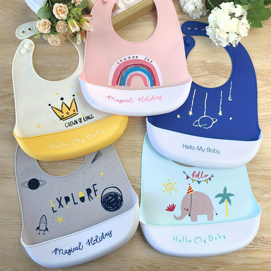 Goldcolin 1pc Silicone Kids Bib Pink Waterproof w/ Rainbow Crown & Space Themes