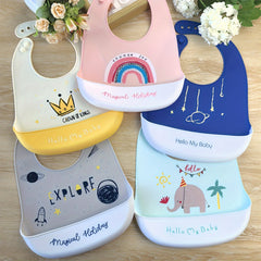 Goldcolin 1pc Silicone Kids Bib Pink Waterproof w/ Rainbow Crown & Space Themes
