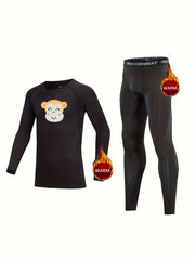 2pcs Kids Compression Fleece Sets - Monkey Pattern Crew Neck Pullover