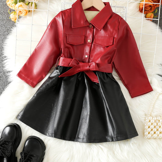 Baby Girls PU Leather Dress Long Sleeve Lapel With Belt Dress