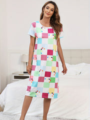 Colorblock Plaid Lounge Dresses & Comfy Short Sleeve Home Dress