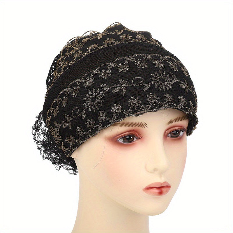 Floral Embroidery Lace Beanie Solid Turban Cap