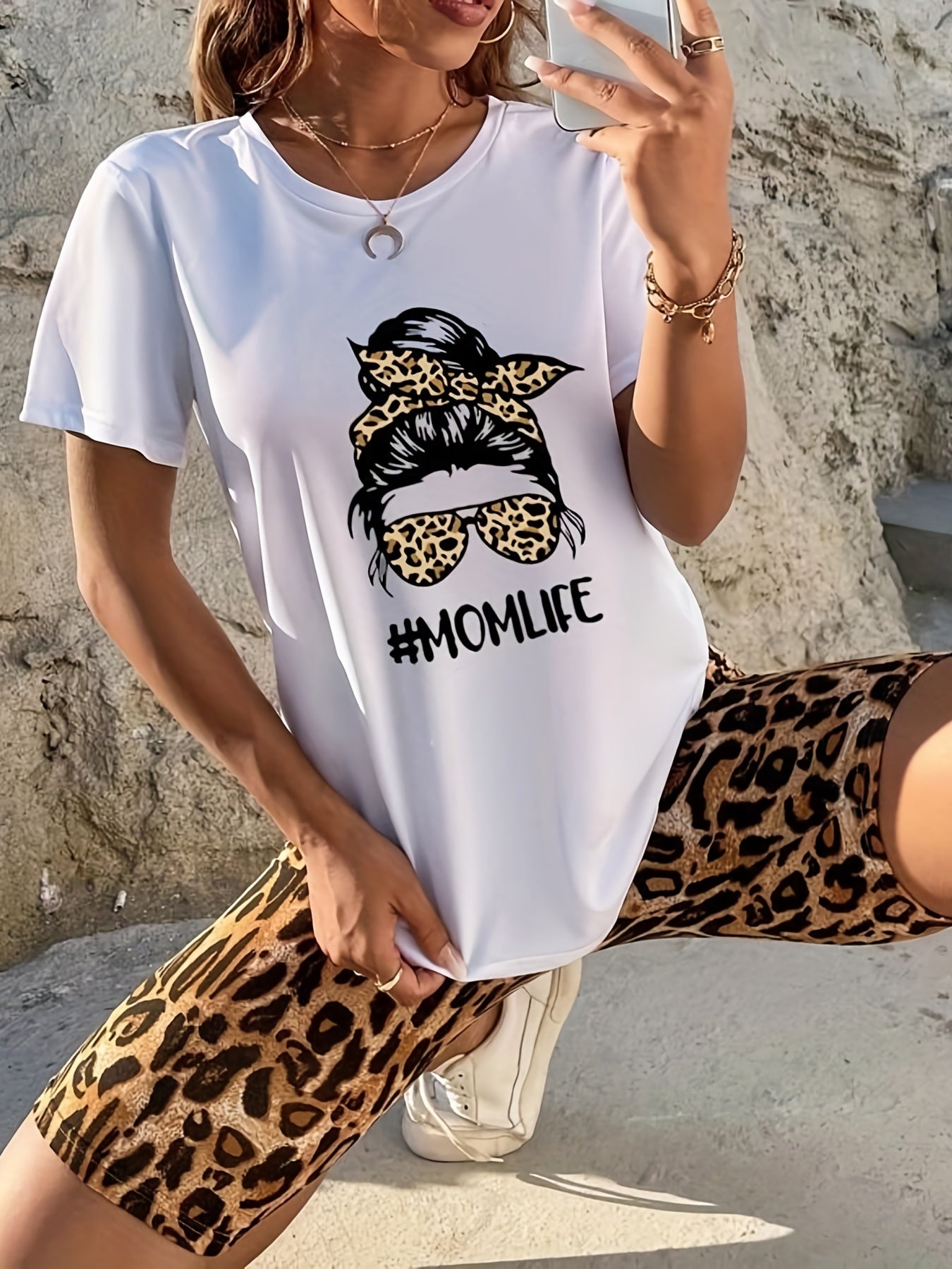 Leopard Print Short Sleeve & Biker Shorts Set