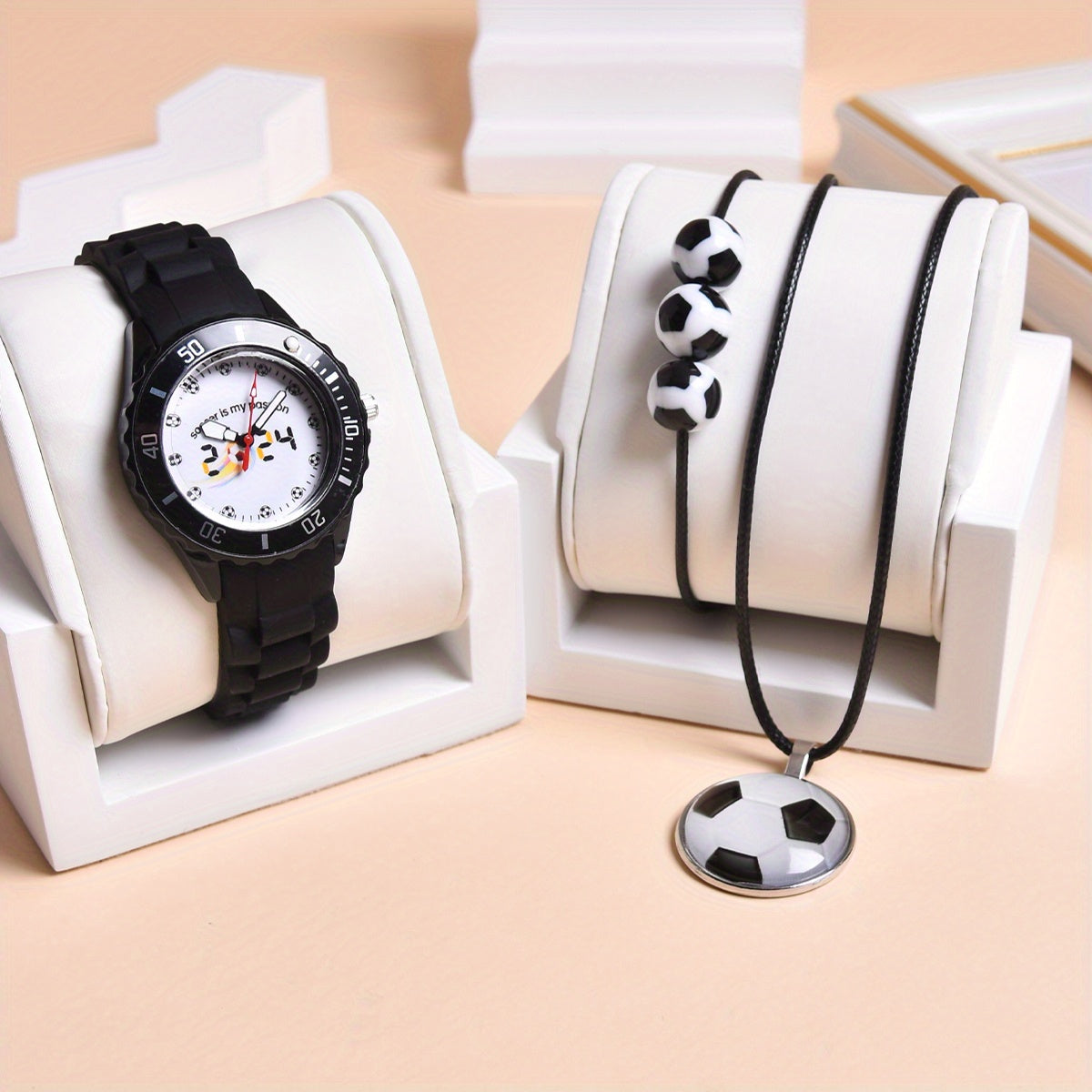 3pcs Boys Soccer Quartz Watches Set - Silicone Belt Sport Wristwatch
