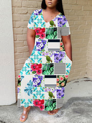  Colorblock Floral Print Maxi Dress With Pockets