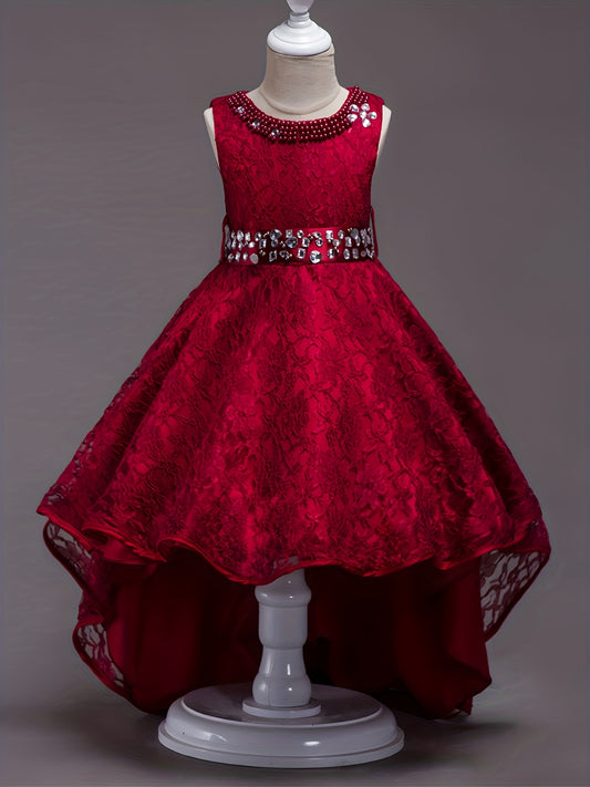 Girls Sleeveless Puffy Princess Dress Tulle Lace Beaded Rhinestone