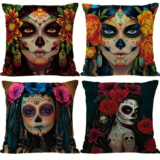 Skull Rose Linen Pillowcase 45x72cm Halloween Party Decoration