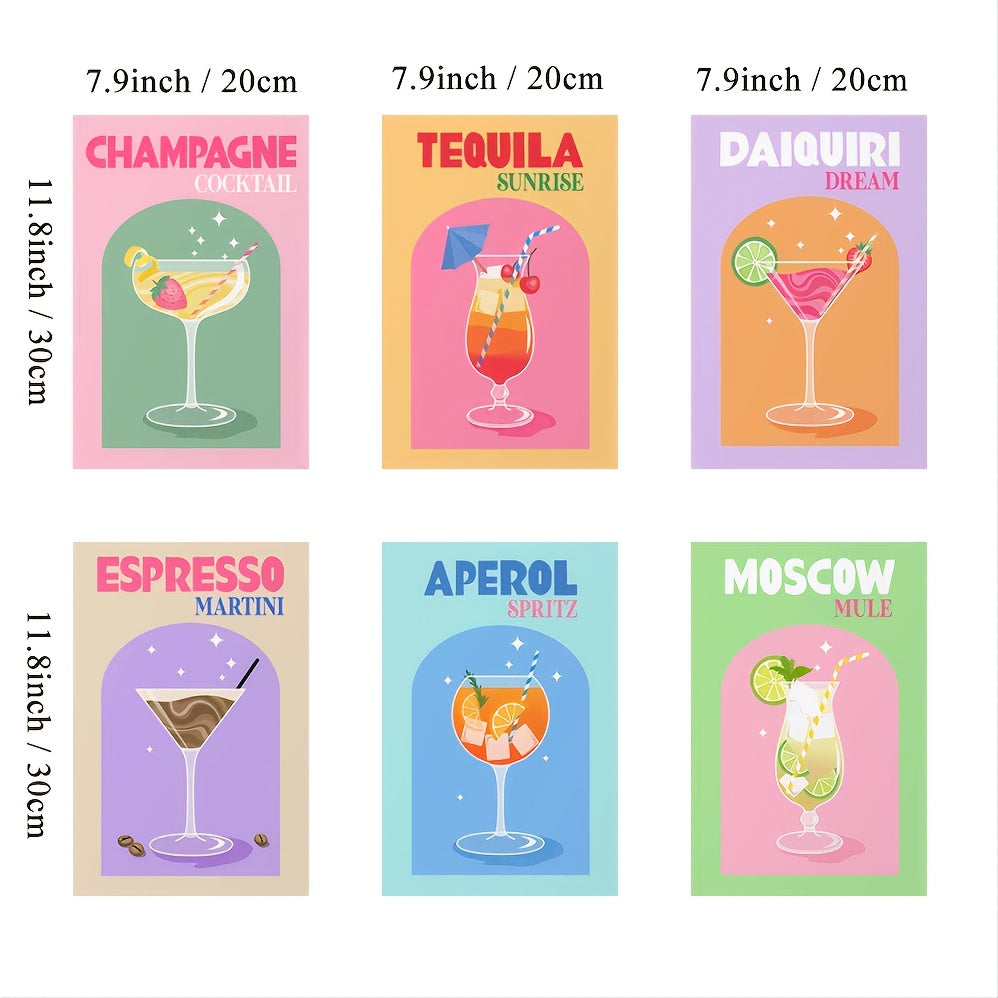 6pcs Colorful Cocktail Printed Paintings For Bar Cart Gallery Retro Wall Arts