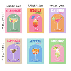 6pcs Colorful Cocktail Printed Paintings For Bar Cart Gallery Retro Wall Arts